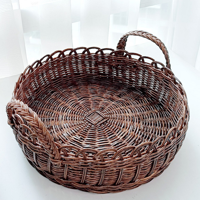Rattan Shop 藤木圓形手把藤編籃 J083H, 棕色, 1個