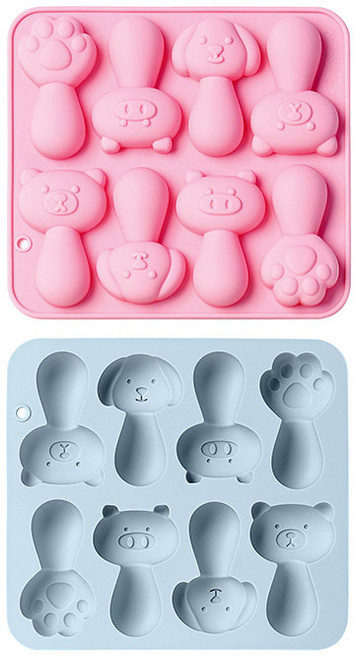 이홈베이킹 손잡이 케익 동물모양 실리콘몰드 세트 8구, 블루, 핑크, 1세트