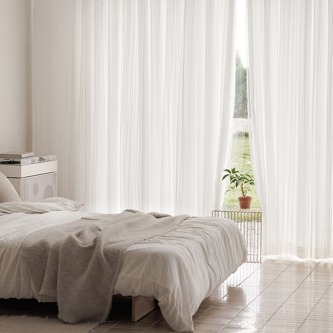 BAZAAR Stella 簡約線條雙層蕾絲遮光窗簾組 2入, 白色