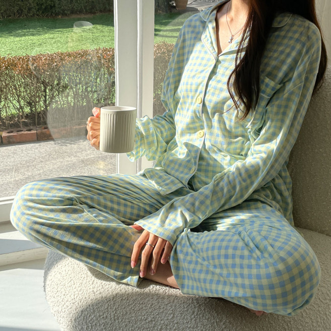 女款長袖清新格紋睡衣上下套裝