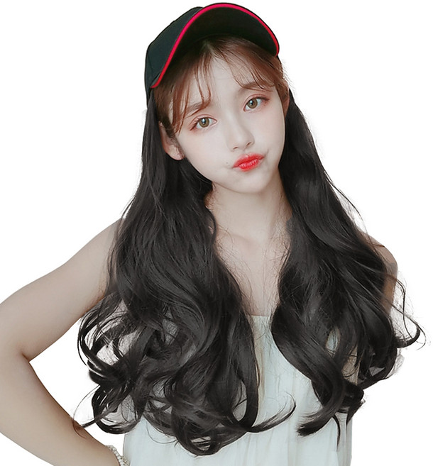 하이유니 웨이브 펌 시스루 뱅 헤어 모자 가발 50cm, 네츄럴블랙, 1개