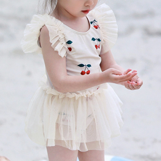 우주아이 여아용 체리슈슈 원피스 수영복 + 수영모 세트