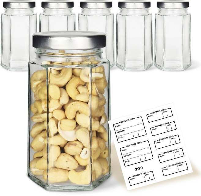 미르코리아 유리병 육각 밀폐용기 250 실버 6p + 네이밍 스티커 8p 세트, 200ml, 1세트