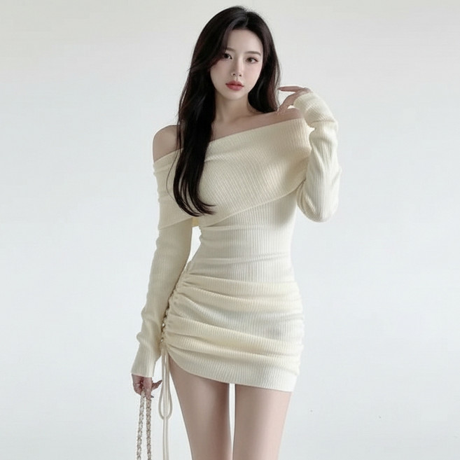 marketpia 女款露肩抓皺長袖迷你連身裙, 米白色