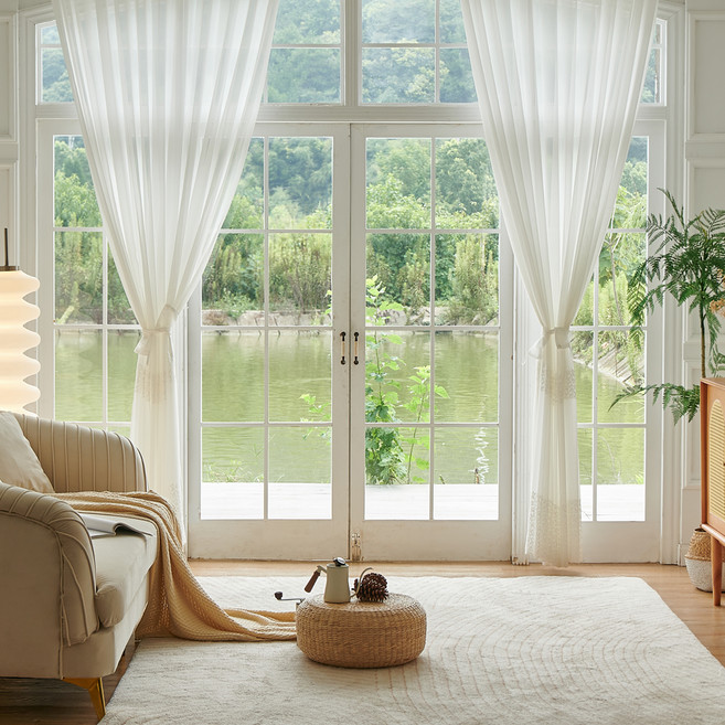 뷰하우스 리프 쉬폰 사계절 커튼 민자핀타입 2p