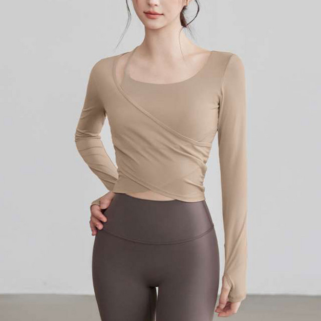 더시럽 여성용 랩 포인트 브라 패드 일체형 필라테스 헬스 긴팔티