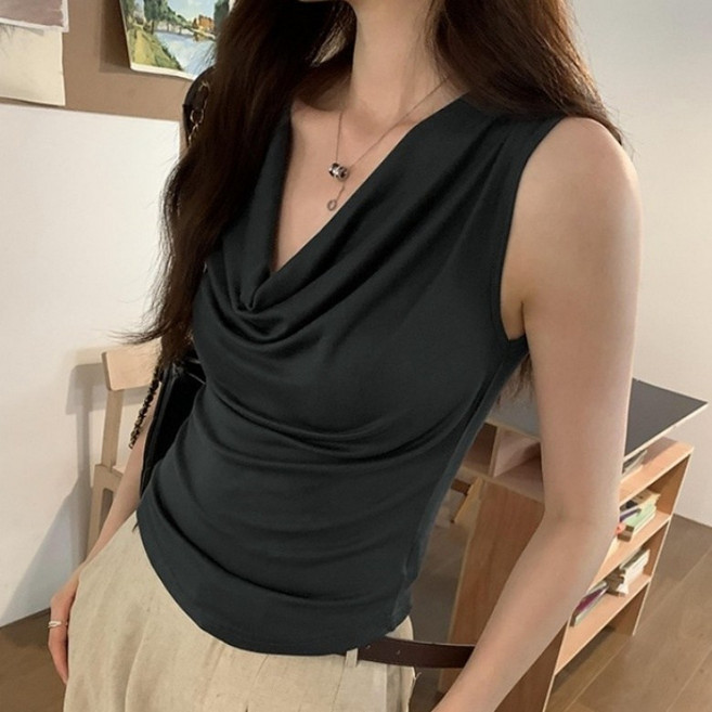 아이엠몽 여성용 슬림핏 카울넥 셔링 민소매 티셔츠 R6H037