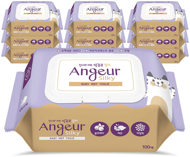 앙쥬르 실키 유아물티슈 캡형, 55g, 100매, 10개