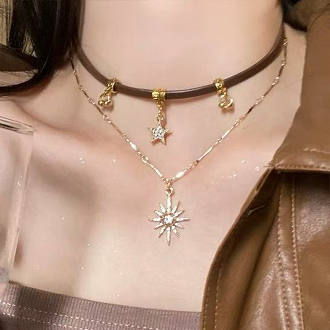 젤루나 여성용 두줄 별 큐빅 가죽 드롭 목걸이 2종 세트 M-222