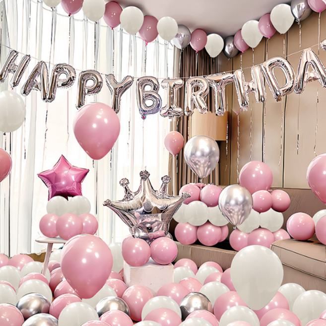 Starium 生日派對氣球 + 掛旗全套組, 粉白色, 1套