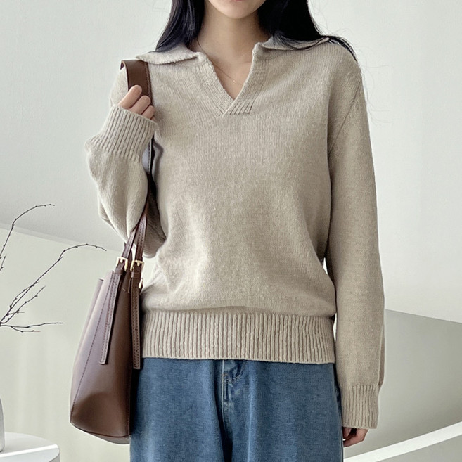 페이릿 여성용 오픈 카라넥 심플 니트 티셔츠