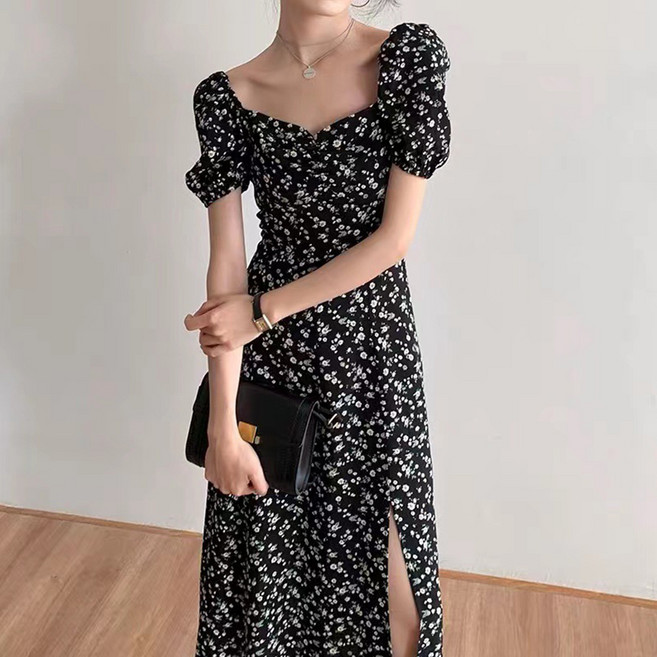 Elsso 女款抓皺領赫本風復古印花開衩長版連身裙, 黑色