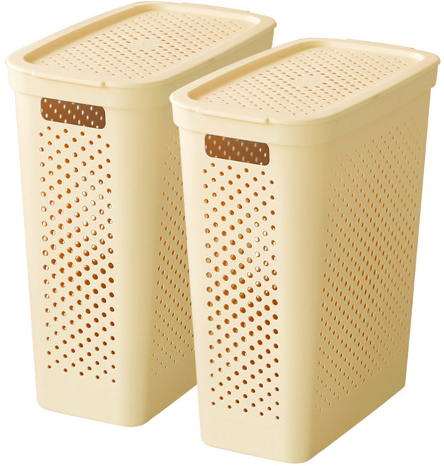 네이쳐리빙 도트패턴 슬림 틈새 빨래바구니 2p, 버터