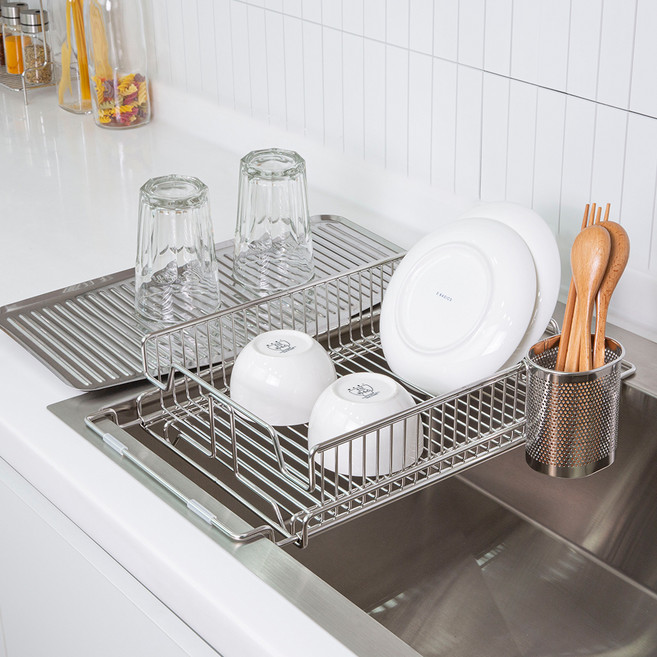 4BNK 연마제 없는 올스텐 304 2 in 1 슬라이드 식기건조대, 실버, 1개, 1단