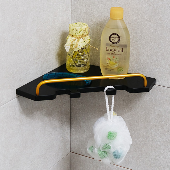 PlusBrand 인조 대리석 다용도 걸이 다이아 코너 선반 B타입, 블랙 + 골드, 1개