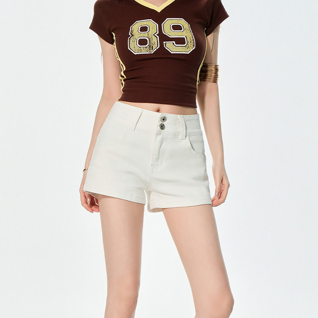 닷이프 여성용 투 버튼 하이웨스트 심플 반바지 D263-0137