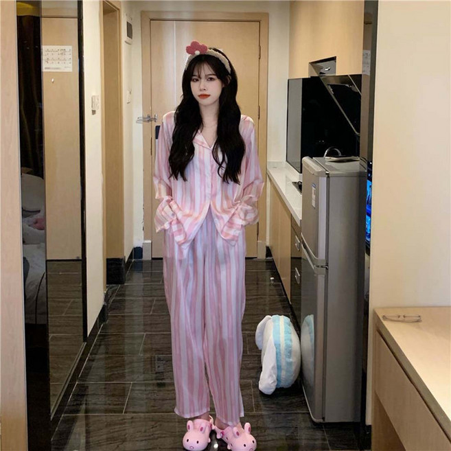 2Estar 女款絲質條紋四季睡衣上下套裝