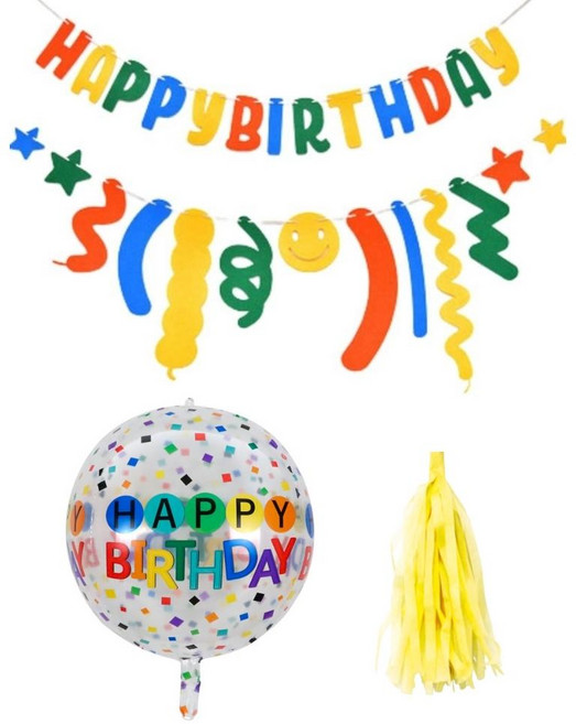 미미파티 생일 스마일 가랜드 파티 해피폭죽 풍선 테슬 세트, 레인보우(펠트 가랜드), 노랑(테슬), 1세트