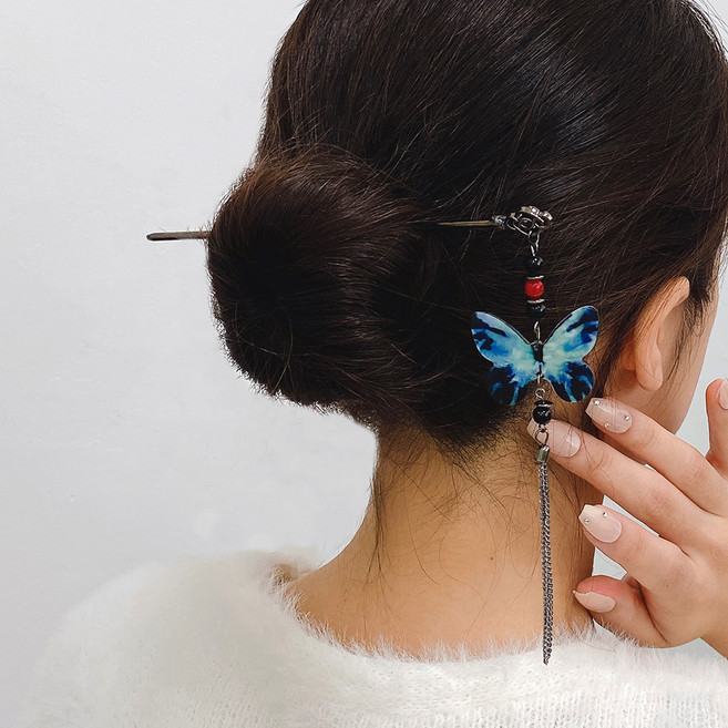 젤루나 메탈 나비 비즈 구슬 롱 체인 태슬 드롭 전통 동양풍 올림머리 뒤꽂이 비녀핀 A타입 H-225