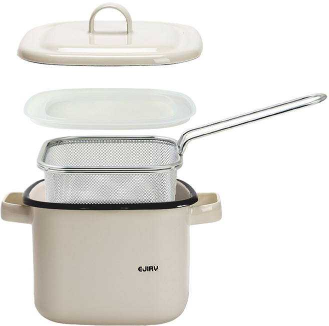 EJIRY Remo系列 電磁爐適用 琺瑯方形鍋+炸網組 14cm 奶油象牙白, Prim Ivory, 1組