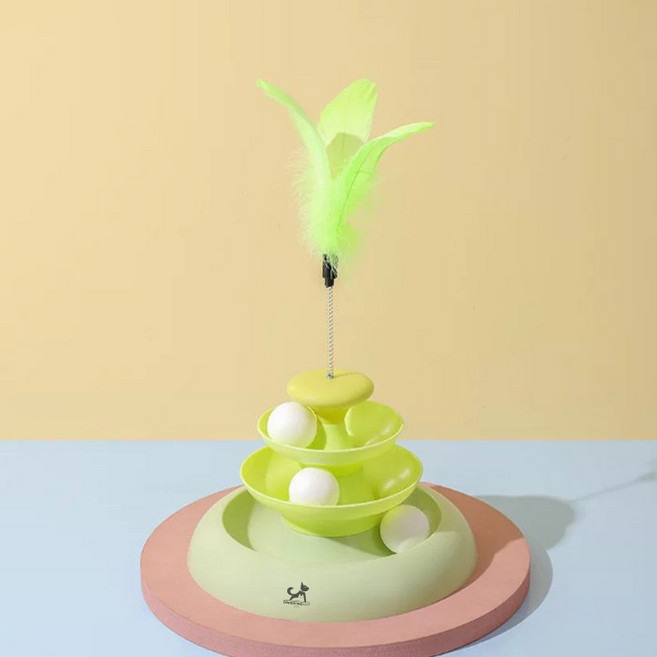 딩동펫 고양이 알록달록 깃털 3단 트랙볼 장난감, 그린, 1개
