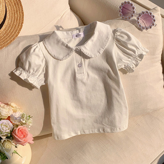 유블리 아동용 나루핀 물결 둥근카라 퍼프 데일리 반팔 티셔츠