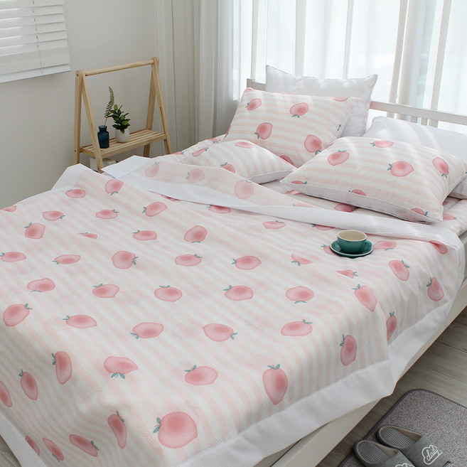 LEREVE 침구나라 핑크퐁 엠보 리플 시어서커 홑 이불 토퍼 세트