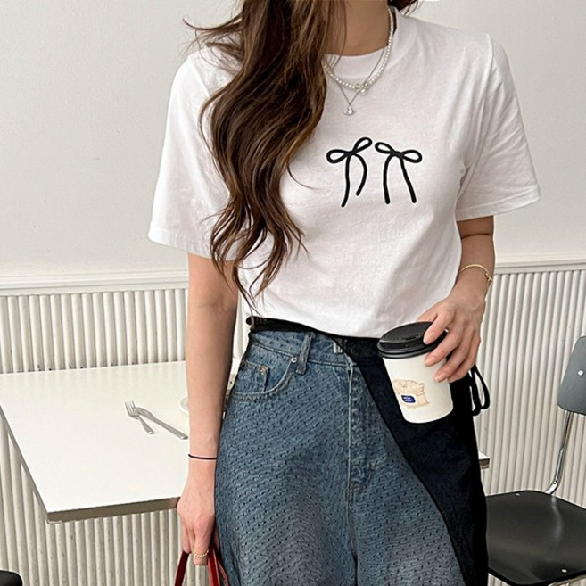 난닝구 여성용 통기성 히번코 리본나염 반팔티