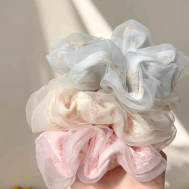 쏘앤영 쉬폰 오간자 꽃무늬 헤어 곱창밴드 라지 3종 세트