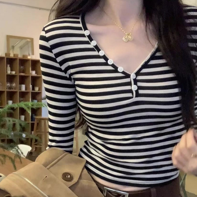 루나걸 여성용 로틴멘트 브이넥 스트라이프 티 L26SPT010528