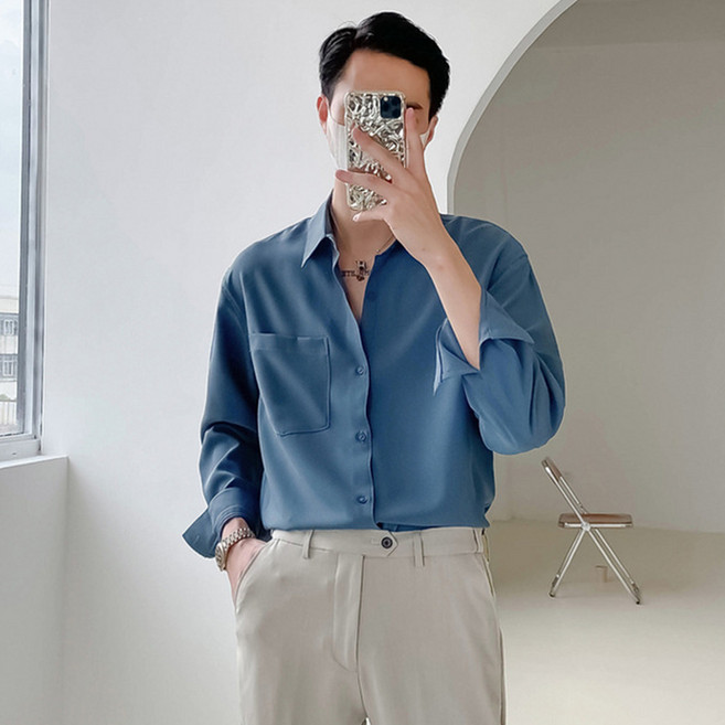 Elsso 男士用 Homme 免燙防皺口袋基本款長袖襯衫