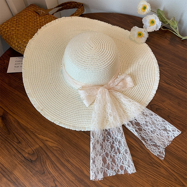 디멜디 여성용 레이스장식 챙넓은 비치 여름 밀짚모자
