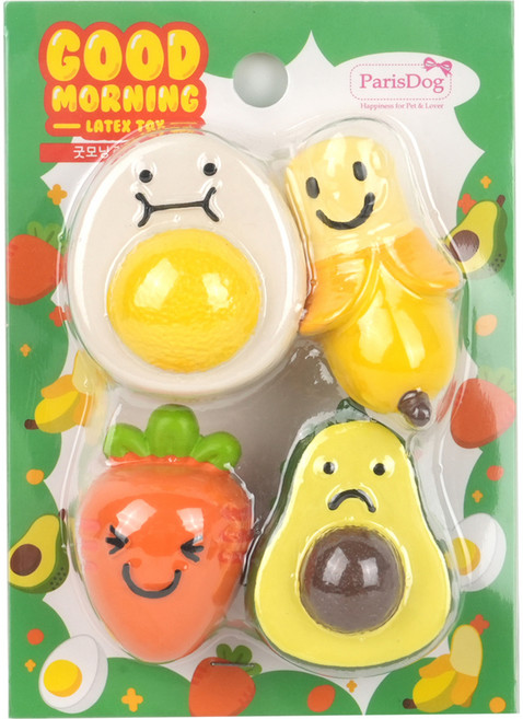 ParisDog 早安系列 乳膠寵物玩具 4件組, 雞蛋 + 香蕉 + 胡蘿蔔 + 酪梨 多色, 1組