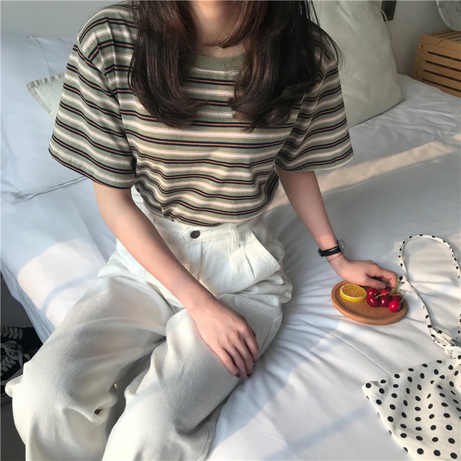 디멜디 여성용 스트라이프 빈티지 여름 반팔 티셔츠