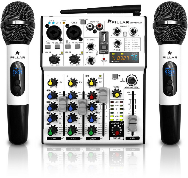 필라 4 채널 오디오 믹서 + 무선 마이크 2p 세트, CM-A590MIX