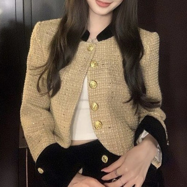 PEONIST 女款金色鈕扣短版粗花呢外套