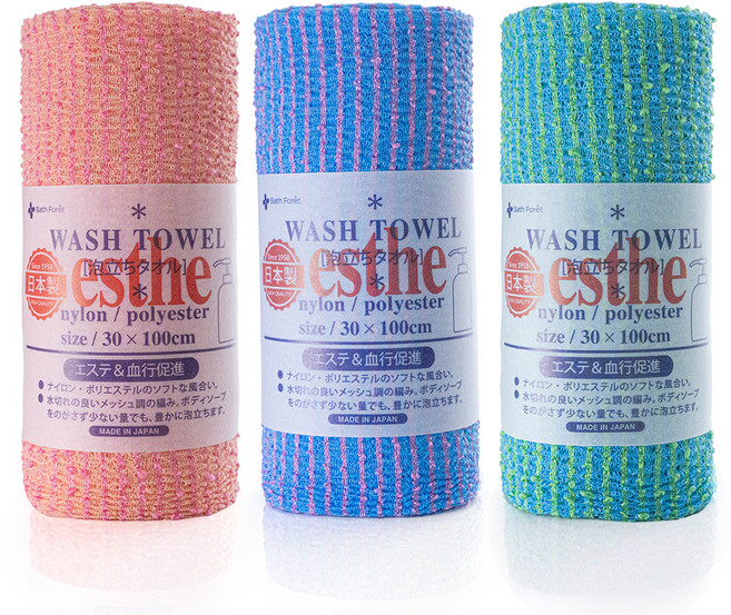 Bath Foret Esther 日本沐浴巾 3件組, 粉色, 綠色, 藍色, 1入, 3個