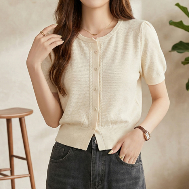 아이캔심플 여성용 라운드넥 버튼 슬림핏 반팔 가디건