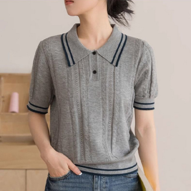 I CAN SIMPLE 女款簡約合身撞色Polo針織短袖T恤