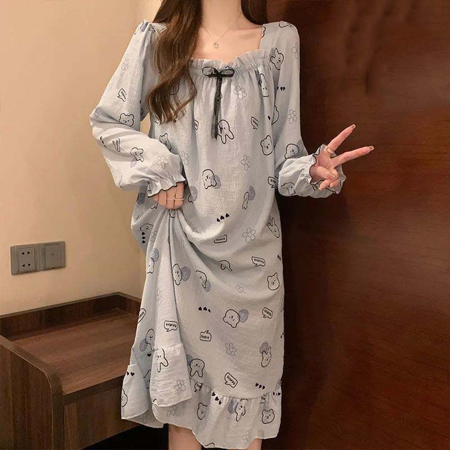 투이스타 여성용 캡내장 루즈핏 긴팔 원피스 잠옷