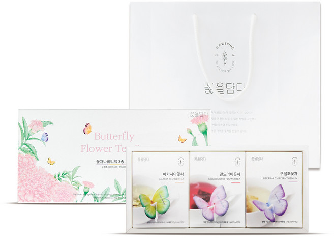 꽃을담다 나비 티백 꽃차 3종 x 3p + 핑크 박스 +쇼핑백 선물 세트, 꽃차 3종 + 박스 + 쇼핑백, 1세트