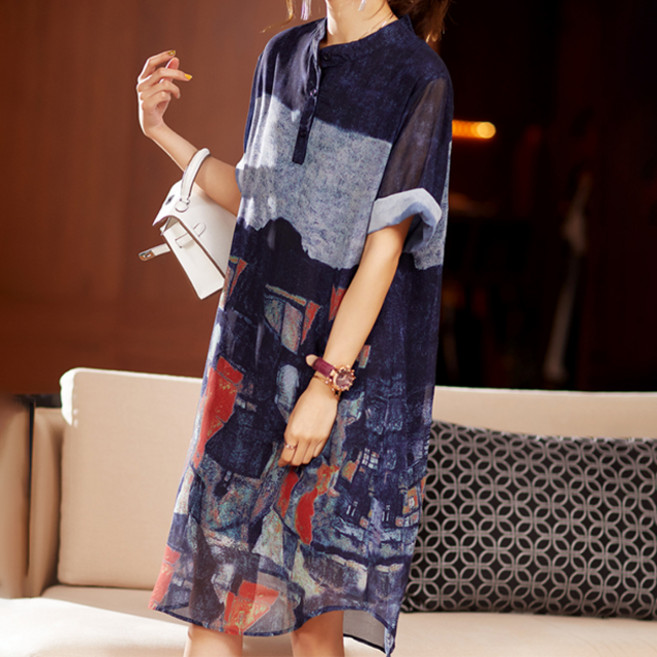 아뗄릭 수채화 프린트 쉬폰 롱 블라우스 원피스 00134 빅사이즈 포함