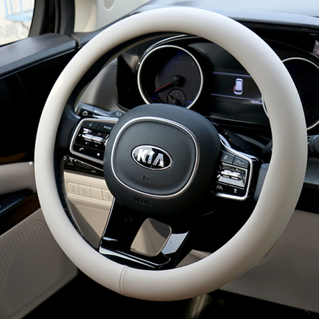 모런 자동차 가죽 무지 원형 핸들커버, 바닐라베이지