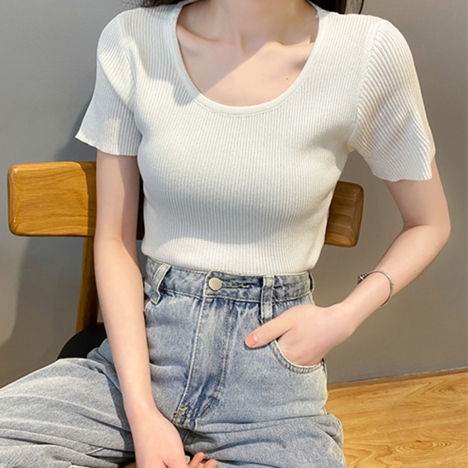 레몬소울 여성용 로텔 라운드 골지 니트 반팔 티셔츠