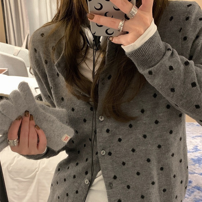 I'M MONG 女款蒂莫爾圓點圓領森系針織開襟衫