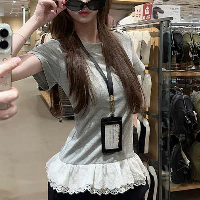 여성용 데일리 여신핏 밑단 프릴 슬림 반팔 티셔츠