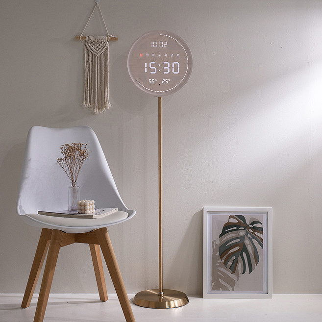 플라이토 무선 루나 터닝 원형 온습도 와이파이 LED 스탠드 시계 + 스탠드 세트, 화이트(시계), 로얄골드(스탠드)