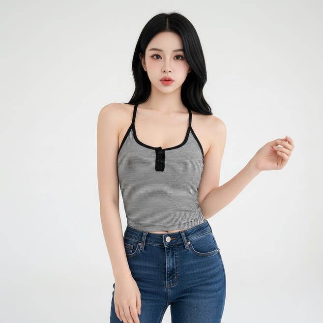 MARKETPIA 女款條紋短版鈕扣無袖上衣