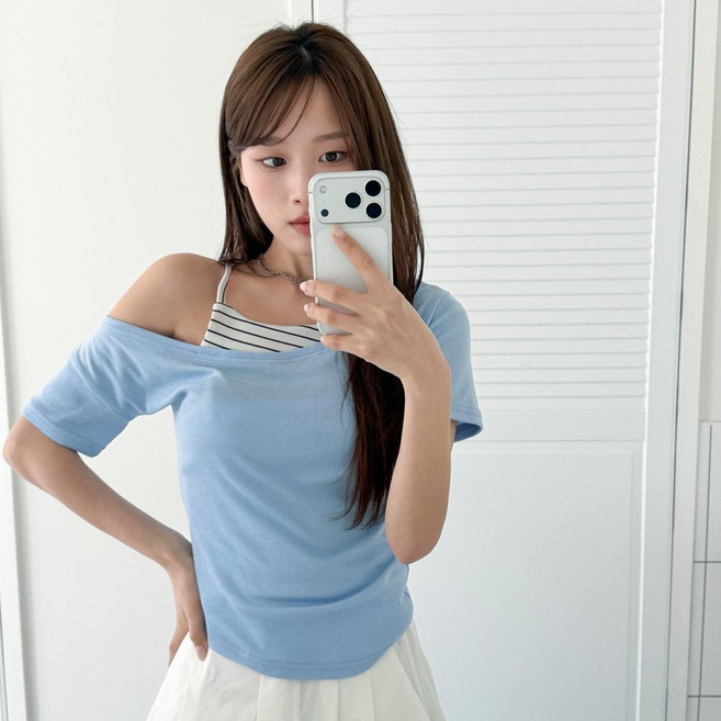 린다샵 여성용 베투향 단가라 끈나시 레이어드 반팔티 cpt17549k62