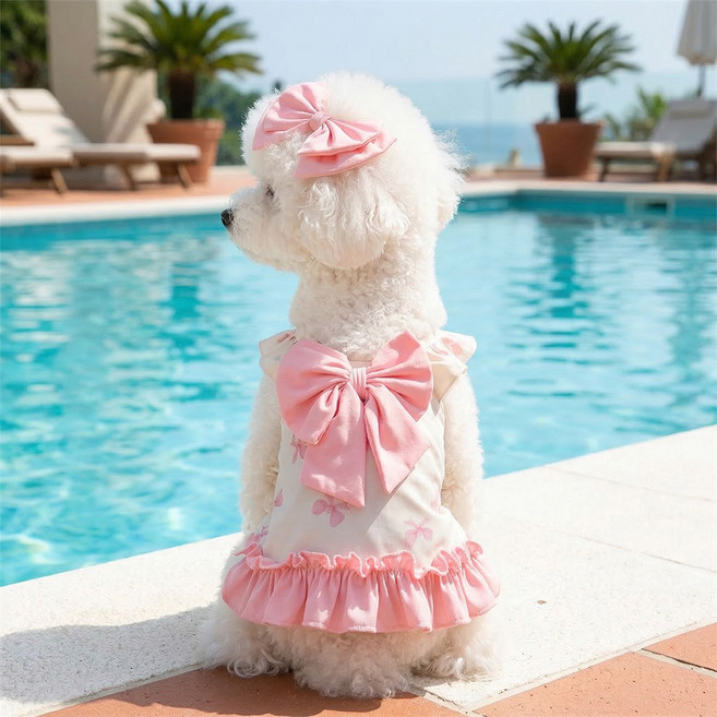 웨이비데이즈 반려동물 리본프릴 원피스 수영복 + 리본 세트 W265-0157PM, 핑크, 1세트